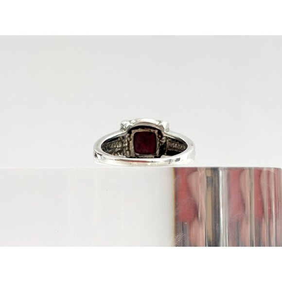 Red Agate Square Bezel Set Vintage Sterling Silver Ribbed Cabochon Ring - sz 9 - Picture 3 of 10